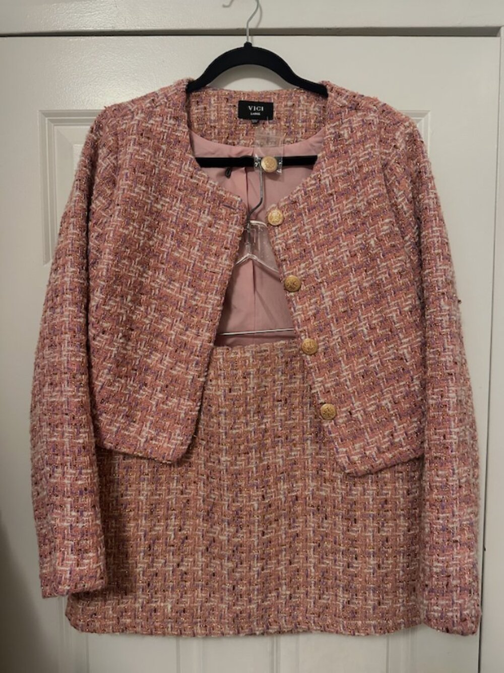 VICI Collection Pink Tweed 2-Piece Set (Cropped Jacket + Mini Skirt)